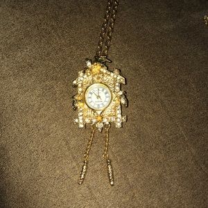gold real working coo coo clock necklace and pin
